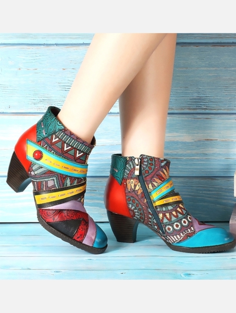 New! SOCOFY Ankle Booties Retro Patchwork Tapestry Splicing Pattern